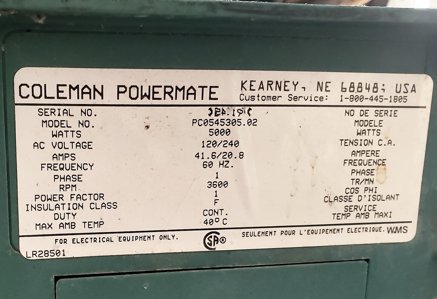 Coleman Powermate PowerBase 5000 Generator PC0545305.02 