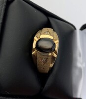  10k Yellow Gold Men's Ring Black Star Sapphire Cabochon & Diamond Accents