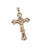 14k Yellow Gold Crucifix Pendant with Green Stones & Diamonds 5.5 Grams
