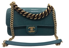 Rare EXOTIC Chanel Straight Lined Teal Lizard Mini Flap Shoulder Bag