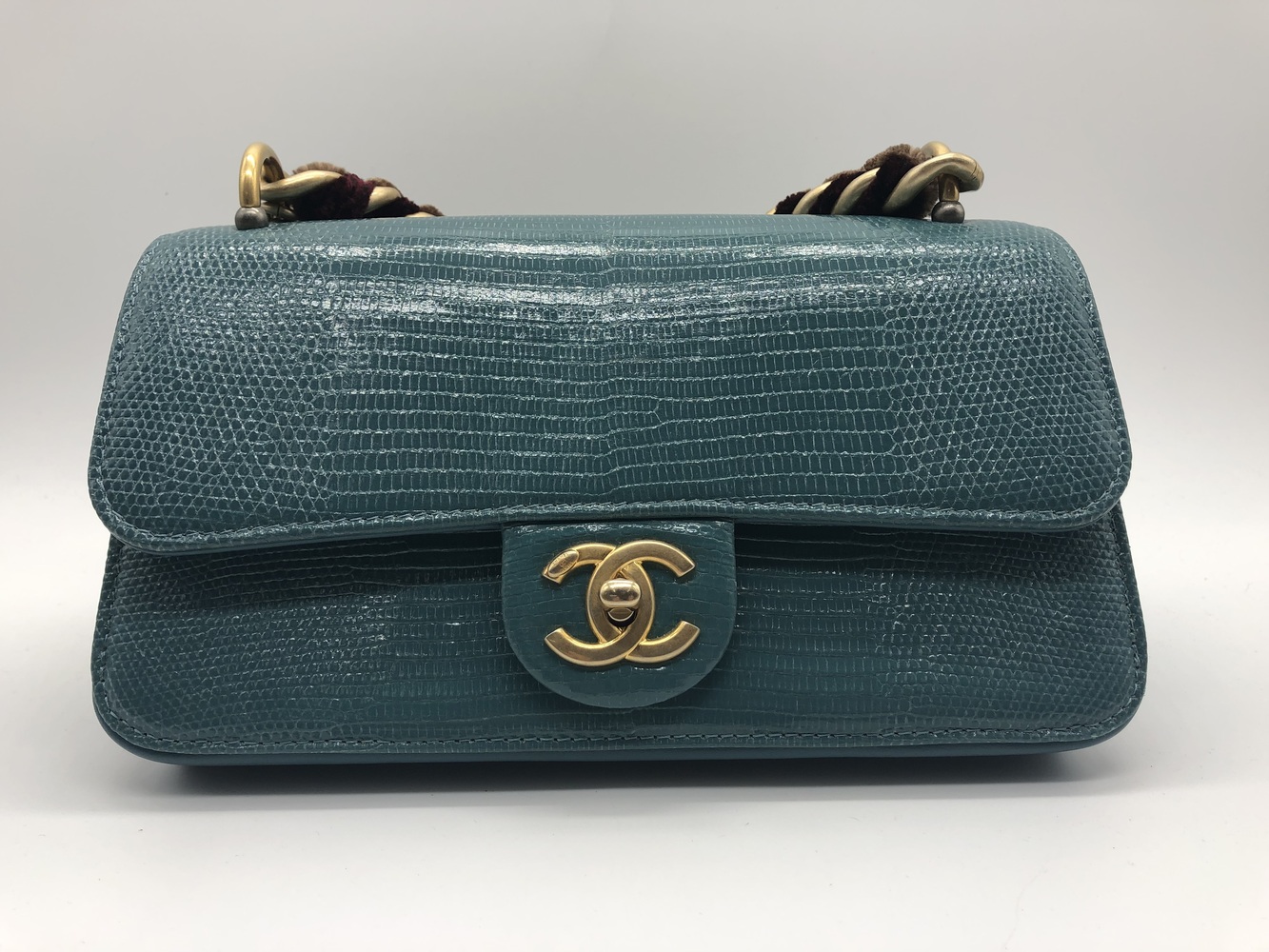 Rare EXOTIC Chanel Straight Lined Teal Lizard Mini Flap Shoulder Bag