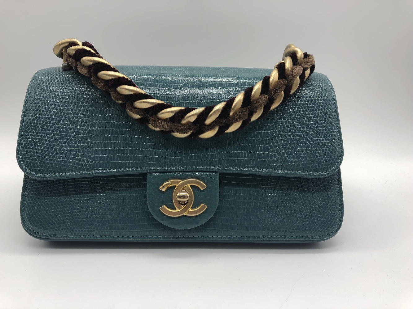 Rare EXOTIC Chanel Straight Lined Teal Lizard Mini Flap Shoulder