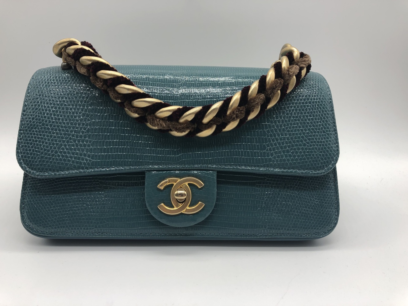 Rare EXOTIC Chanel Straight Lined Teal Lizard Mini Flap Shoulder Bag