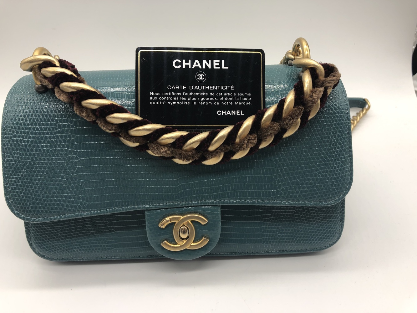 Rare EXOTIC Chanel Straight Lined Teal Lizard Mini Flap Shoulder Bag