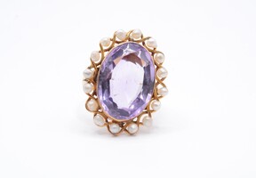 Vintage 14k Yellow Gold Amethyst & Pearl Ring 8.3 Grams Size 6.75 