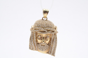 14k Yellow Gold Cubic Zirconia CZ Jesus Head Pendant 13.3 Grams
