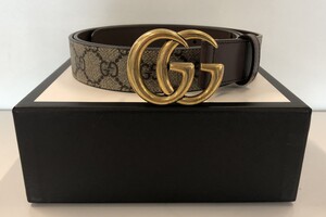 Gucci Women's Double G Buckle GG Supreme Leather Belt Beige 625839 with Box