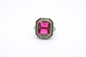  Vintage Art Deco Created Ruby Enamel Ring 14k White Gold Sz 4.5