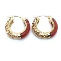 14k Yellow Gold Orange Jade Hoop Earrings 3.8 Grams