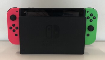 Nintendo Switch Console with Pink & Green Joy Cons & Wires