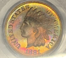1881 Indian Head Cent PCGS PR64RB BEAUTIFUL RAINBOW TONING - 3,575 Mintage